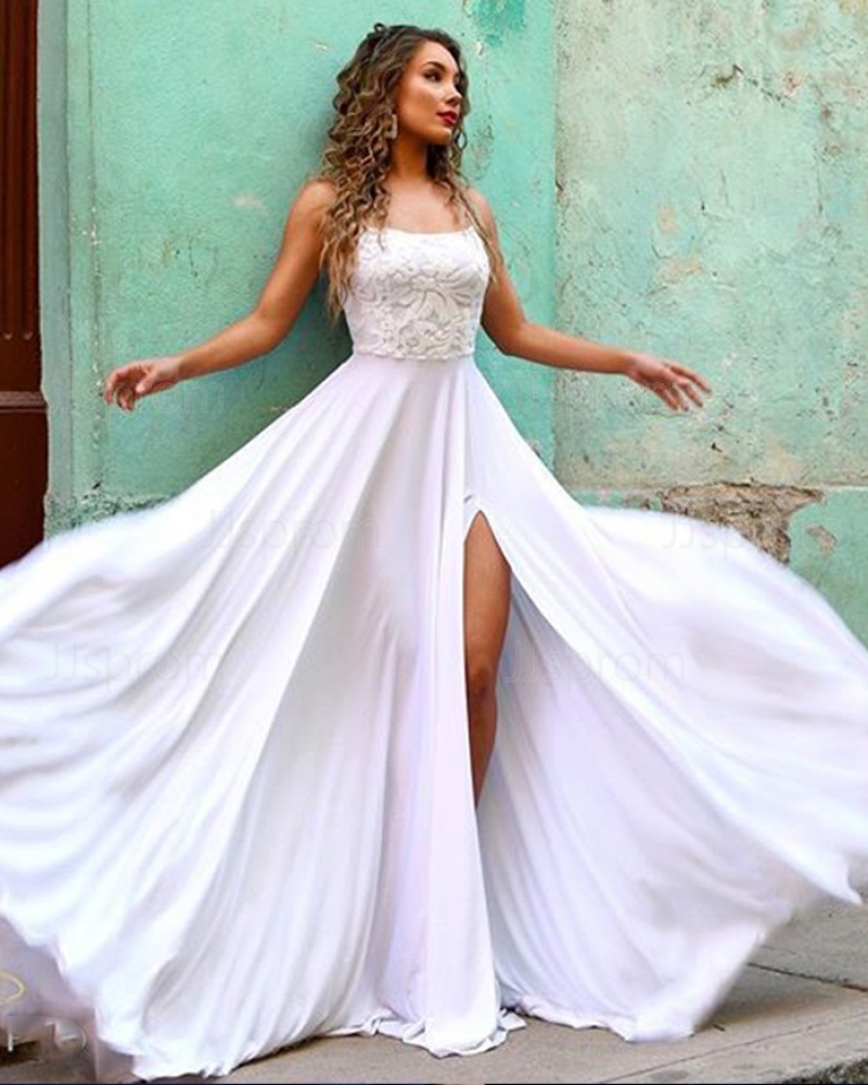 White Spaghetti Strap Lace Bodice Chiffon Prom Dress with Side Slit PM1854