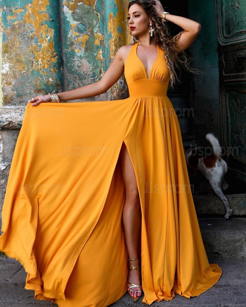 Simple Daffodil Halter Ruched Satin Prom Dress with Side Slit PM1856
