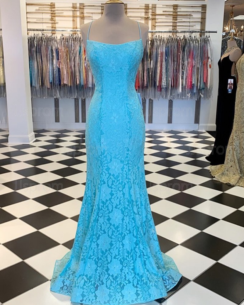 Cyan Spaghetti Strap Lace Mermaid Prom Dress PM1857