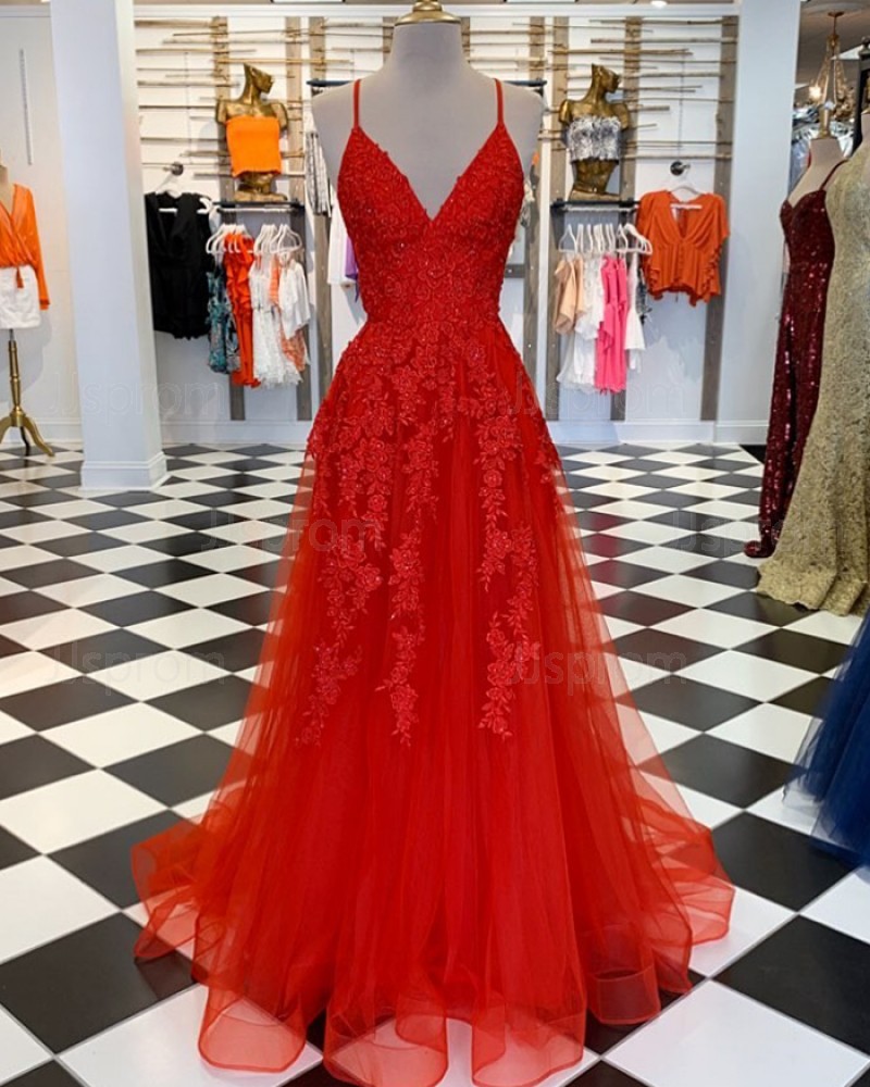 Lace Spaghetti Straps Appliqued Red Tulle Prom Dress PM1860