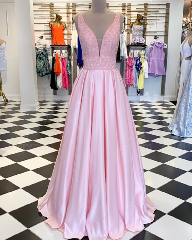 Pink Deep V-neck Beading Bodice Satin Pleated Prom Dress PM1861