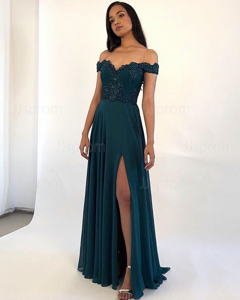 Beading Bodice Off the Shoulder Teal Satin Prom Dress PM1864