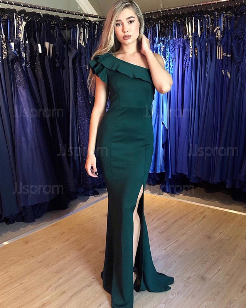 Simple Green One Shoulder Satin Prom Dress with Side Slit PM1867