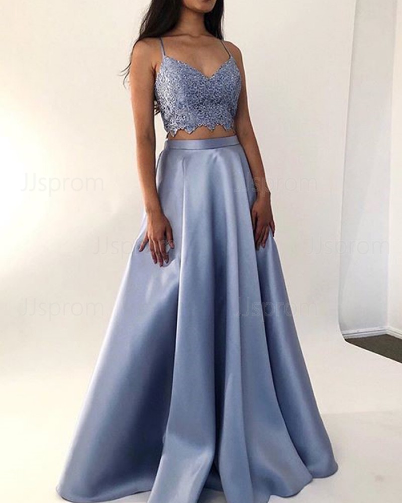 Light Blue Two Piece Square Neck Satin Prom Dress PM1870