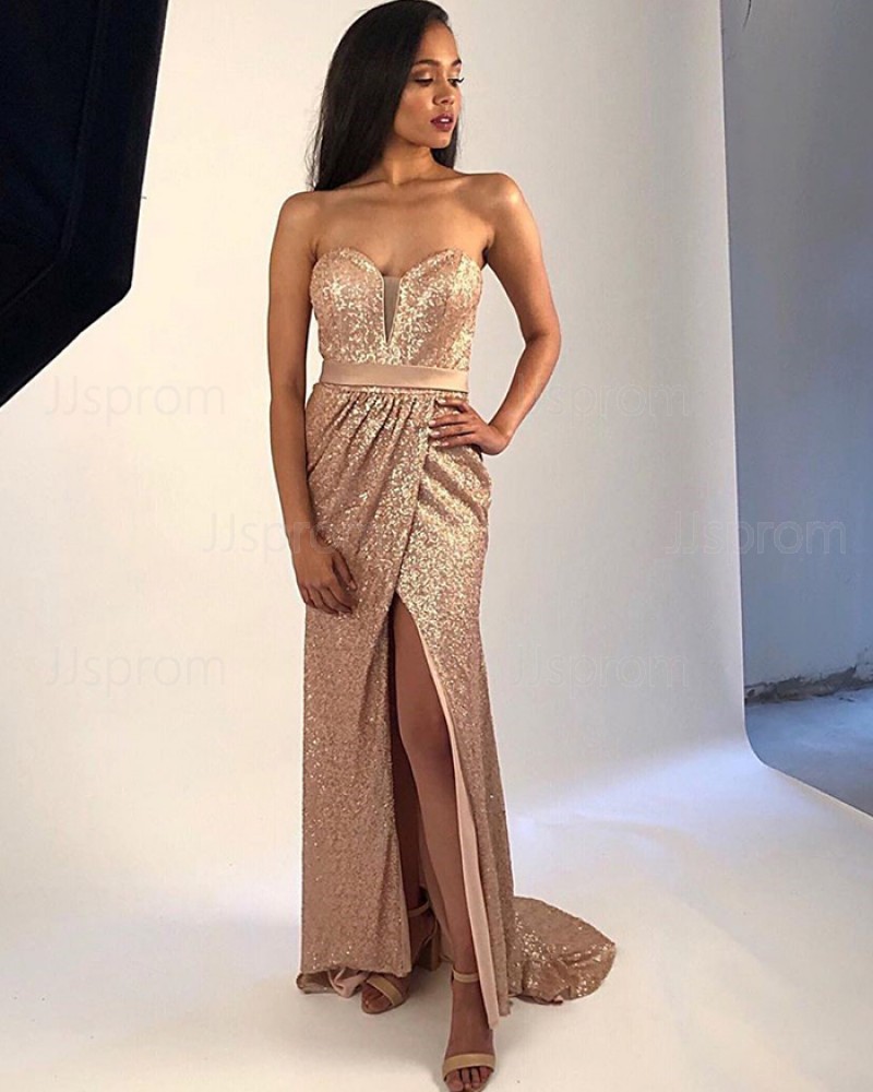 Gold Sequin Sweetheart Ruched Prom Dress with Side Slit PM1872