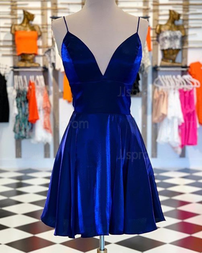 Velvet Spaghetti Straps Royal Blue Homecoming Dress with Pockets PM1876