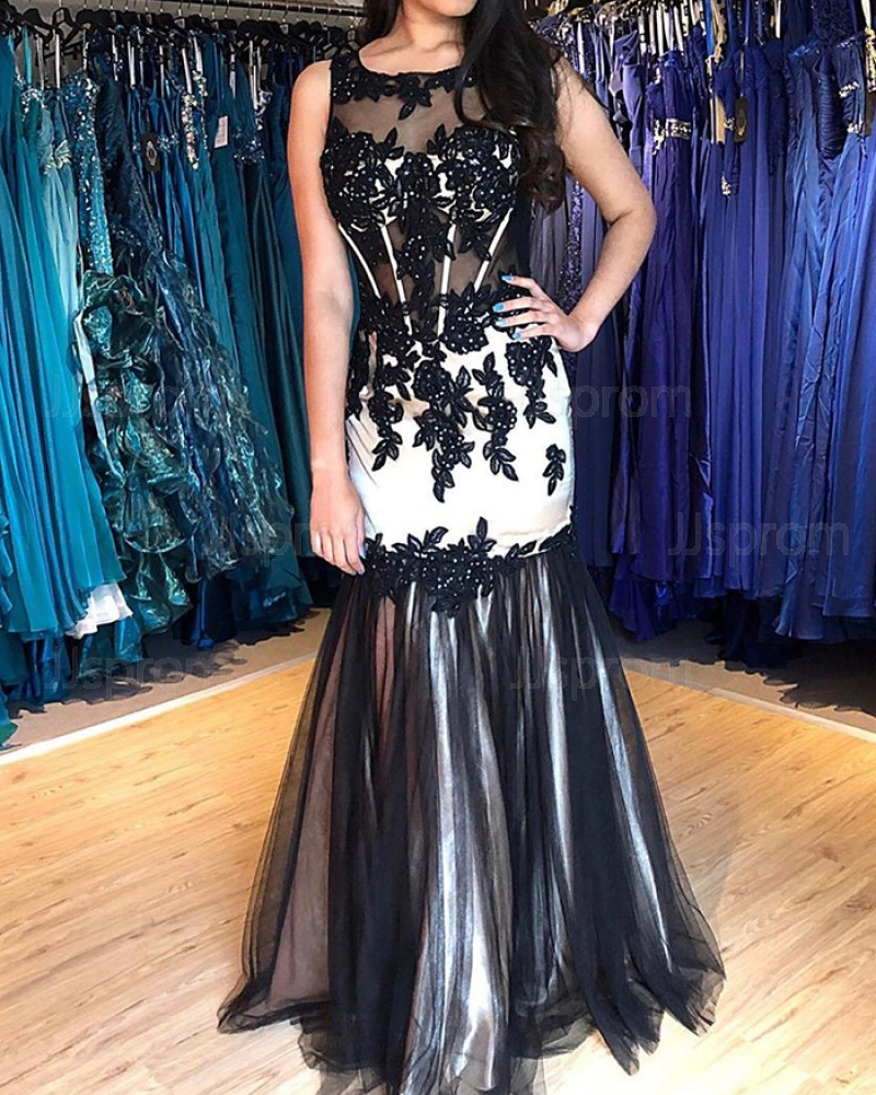 Black & White Jewel Neck Lace Appliqued Mermaid Prom Dress PM1880