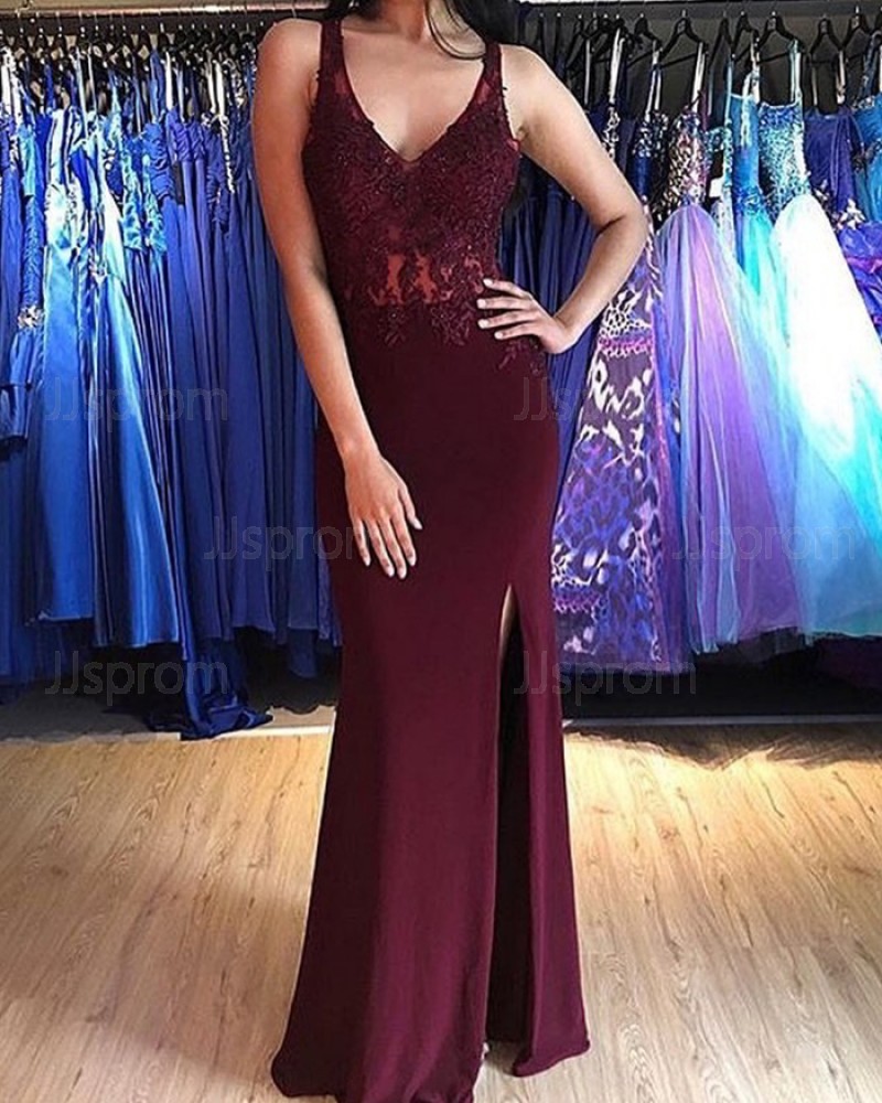 Lace Appliqued Bodice V-neck Burgundy Mermaid Prom Dress with Side Slit PM1881