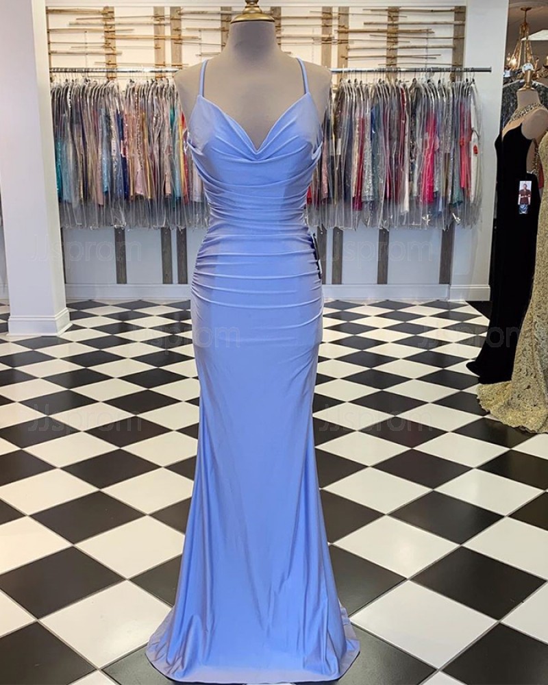 Ruched Blue Spaghetti Straps Satin Mermaid Prom Dress PM1889