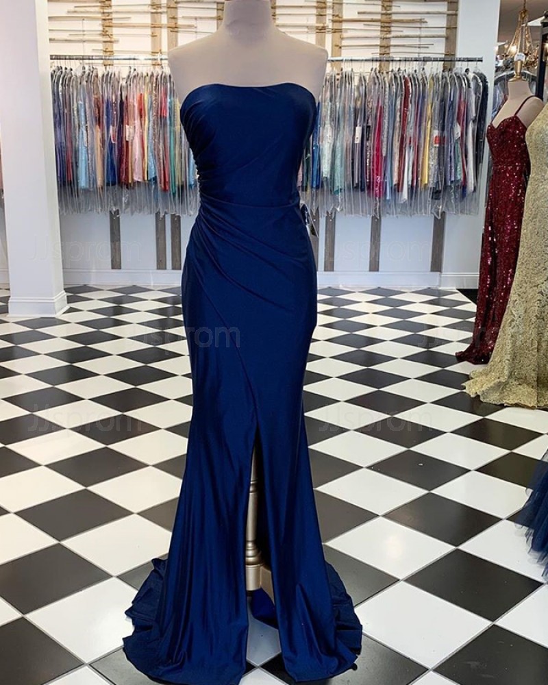 Simple Ruched Strapless Navy Blue Satin Mermaid Prom Dress with Middle Slit PM1890