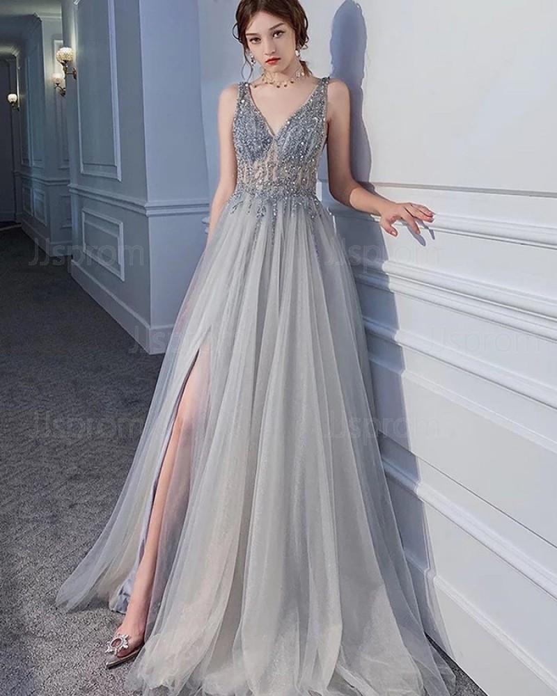 Beading Bodice V-neck Grey Pleated Evening Dress with Side Slit PM1901