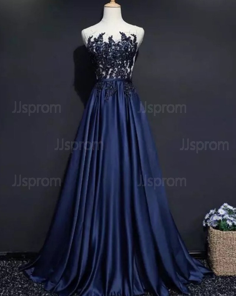 Beading Bodice Sheer Neck Navy Blue Satin Evening Dress PM1902