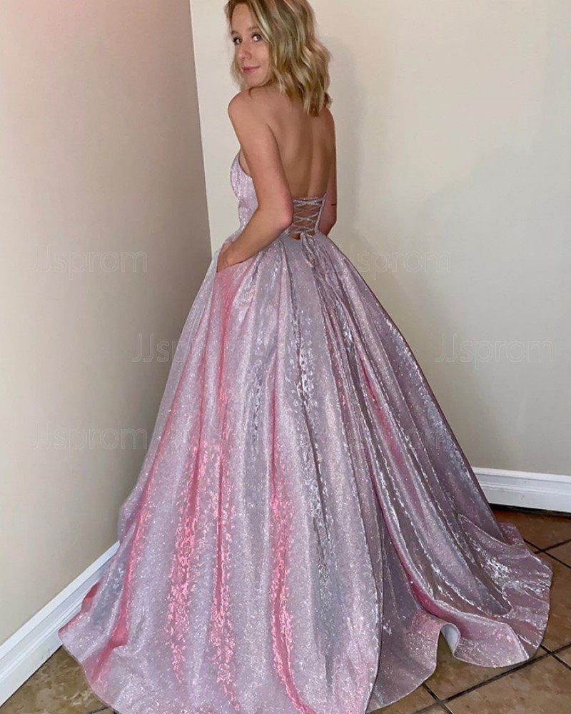 Pink Sparkle Sweetheart Metal Long Prom Dress with Pockets PM1905