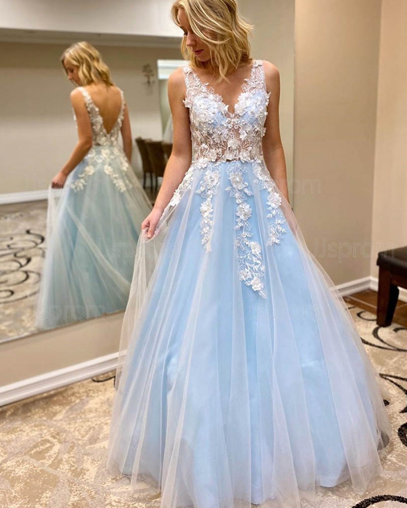 Lace Applique Tulle V-neck Cyan Prom Dress PM1908