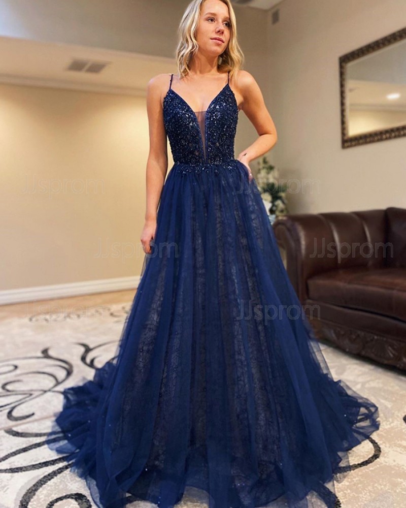 Navy Blue Beading Bodice Tulle Spaghetti Straps Prom Dress PM1914