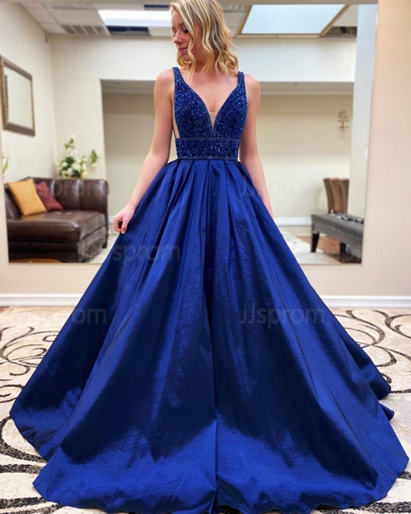 Royal Blue Beading Bodice Satin V-neck Prom Dress with Pockets PM1915