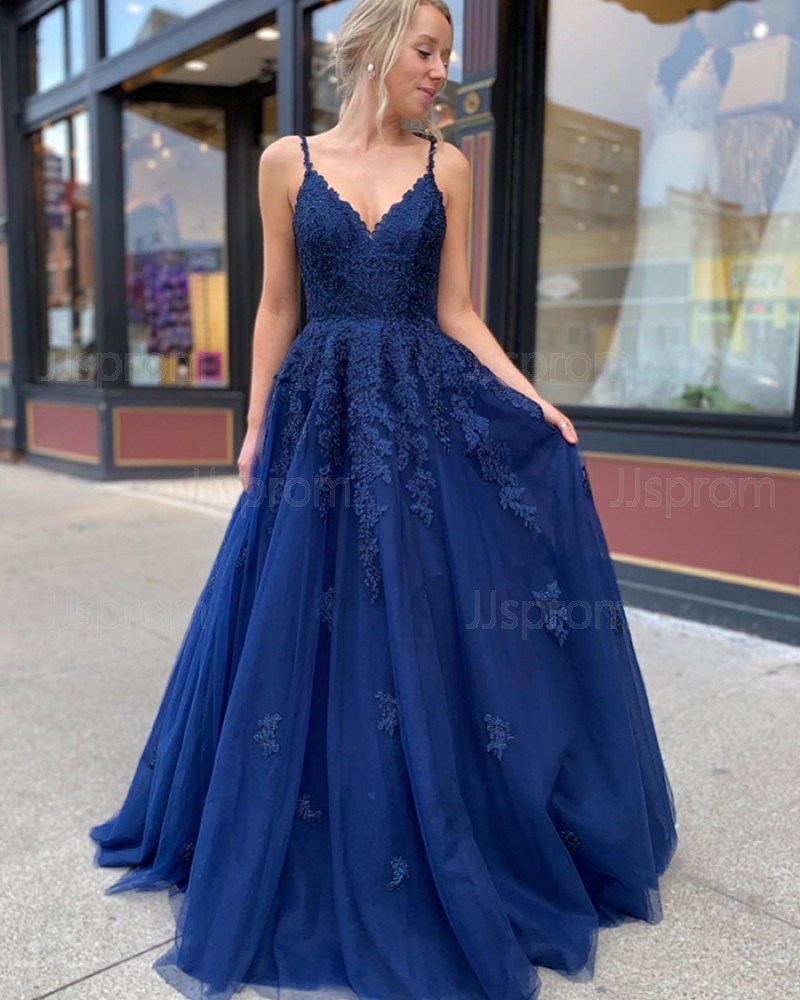 Lace Bodice Navy Blue Tulle Spaghetti Straps Prom Dress PM1916
