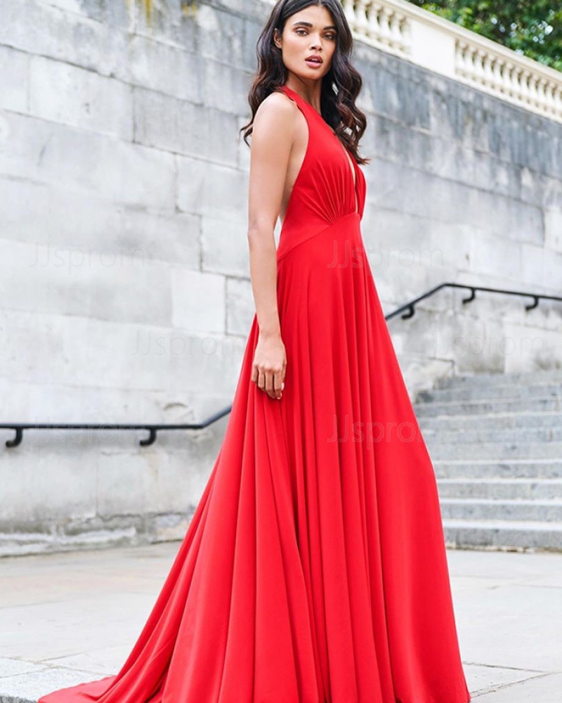Halter Ruched Bodice Red Satin Simple Prom Dress PM1925
