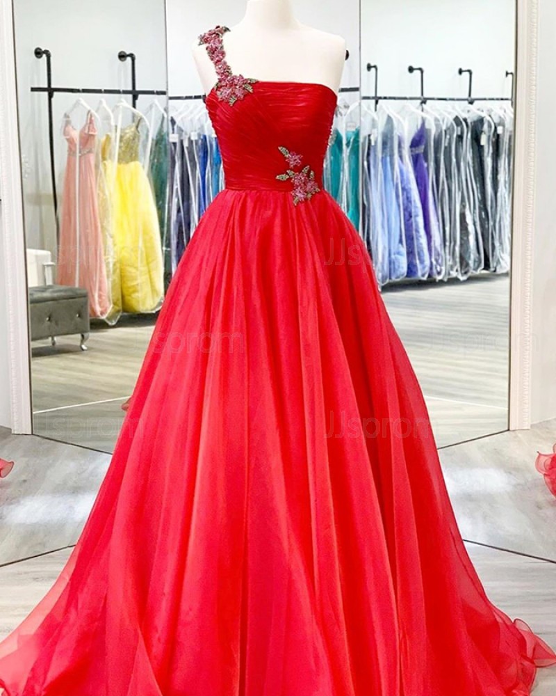 Beading Ruched Tulle Red One Shoulder Prom Dress PM1926