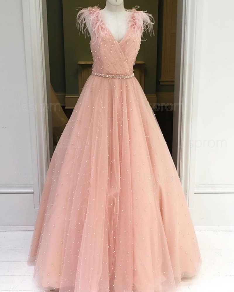 Beading Sparkle Tulle Dusty Pink V-neck Prom Dress with Feather Sleeves PM1930