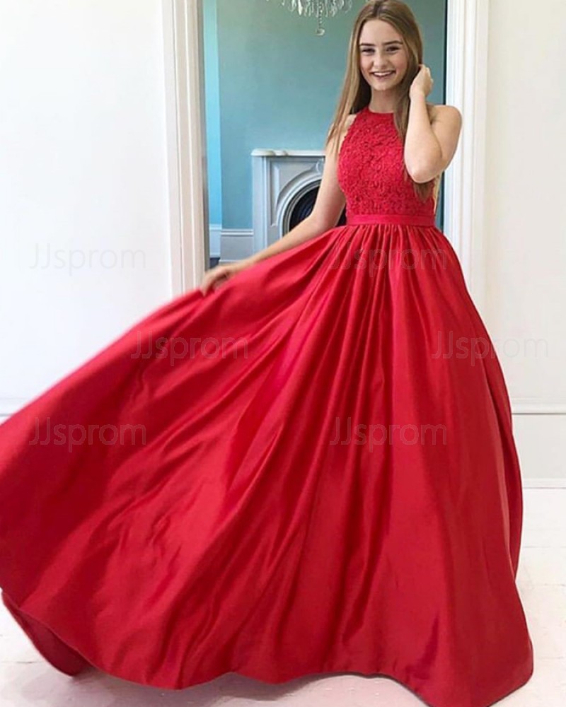 Lace Bodice Red Satin High Neck Prom Dress PM1931