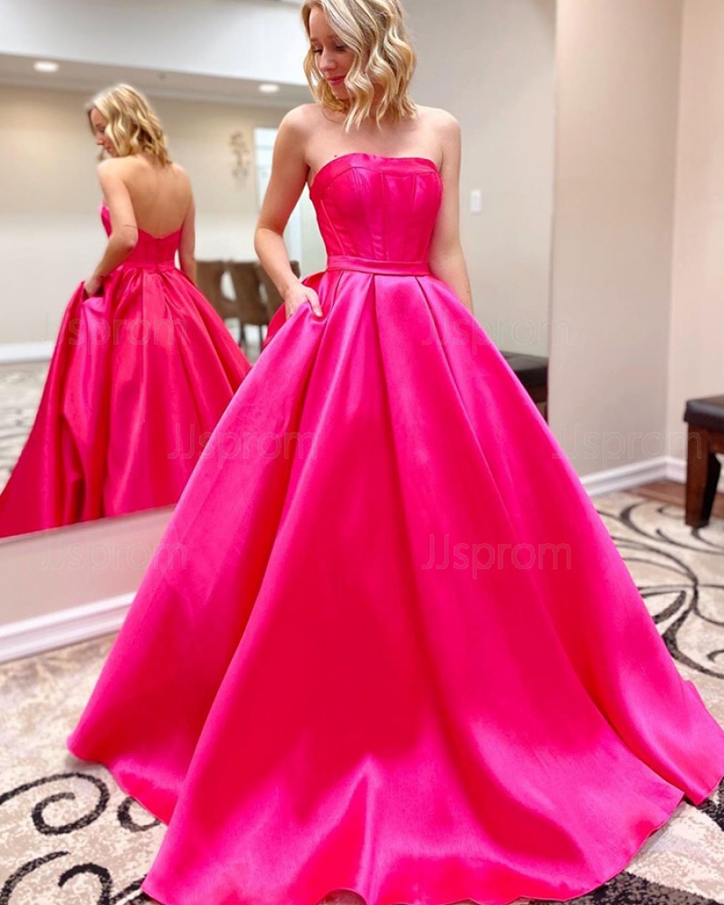 Strapless Rose Red Satin Simple Prom Dress with Pockets PM1938