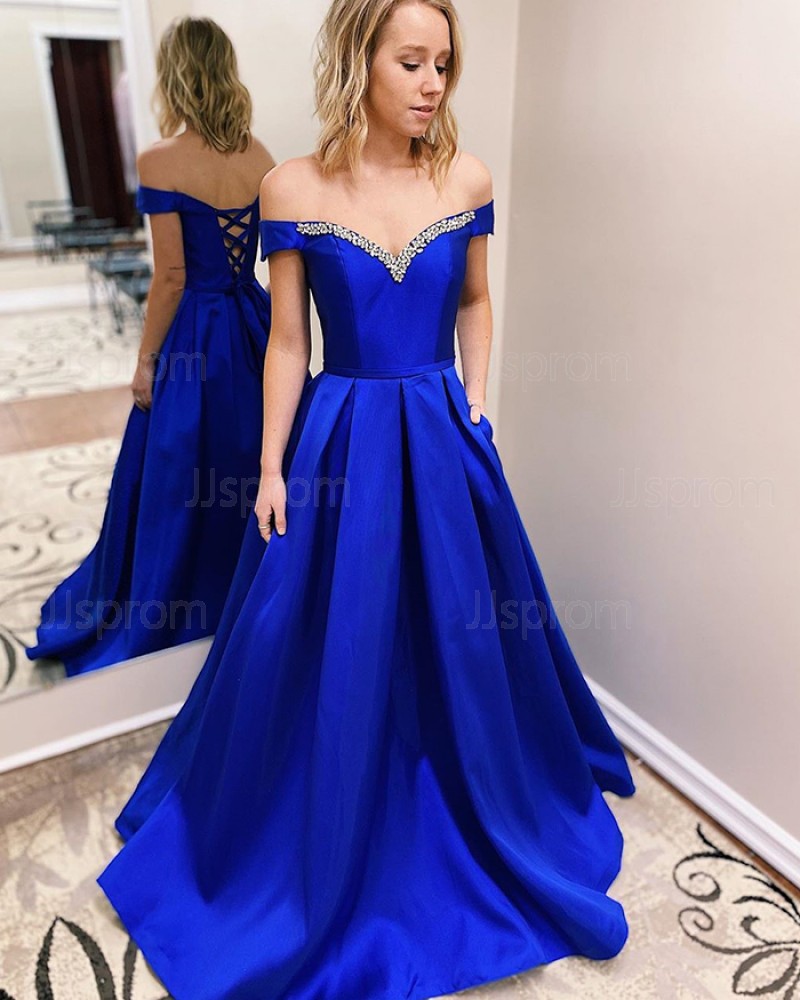 Blue Beading Satin Off the Shoulder Prom Dress with Pockets PM1941