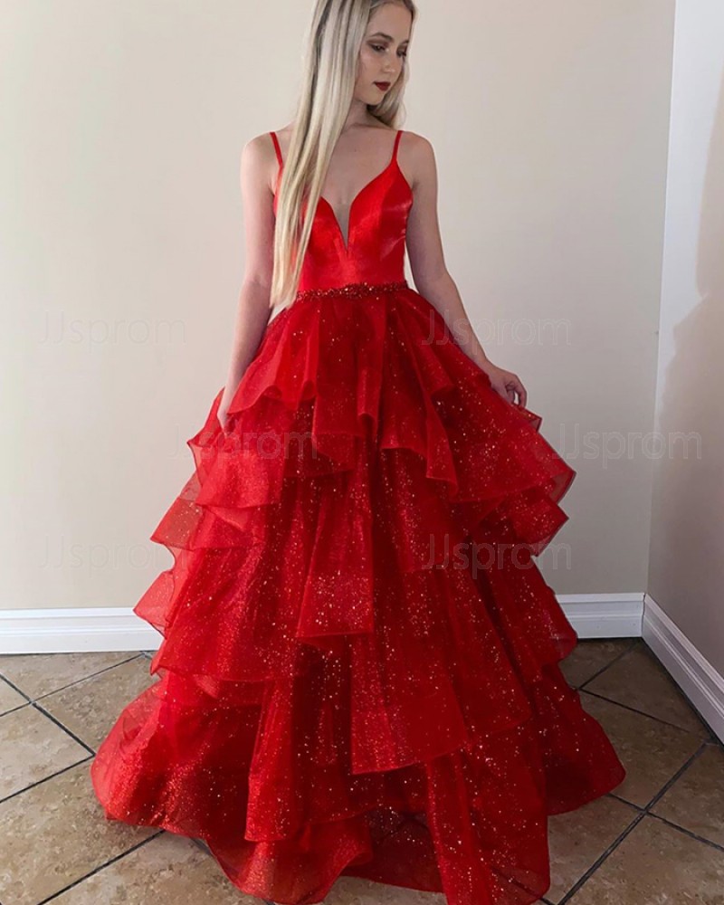 Red Spaghetti Straps Formal Dress with Sparkle Layered Skirt PM1943