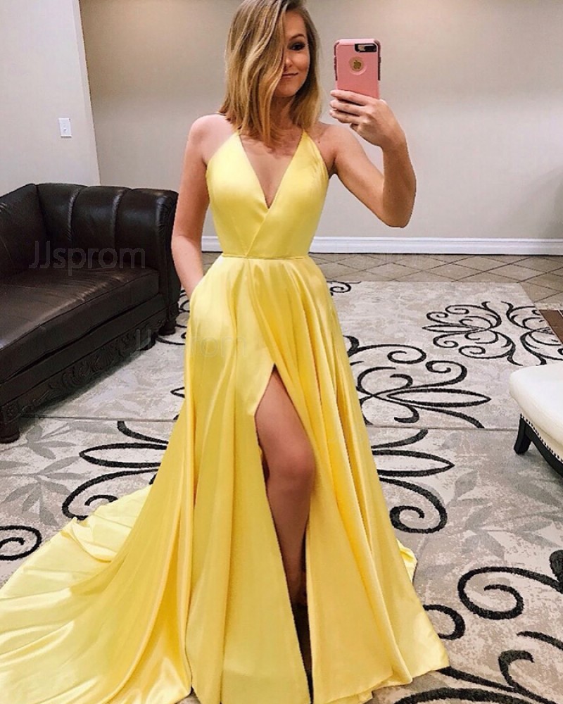 Spaghetti Straps Yellow Pleated Satin Simple Prom Dress with Pockets PM1944