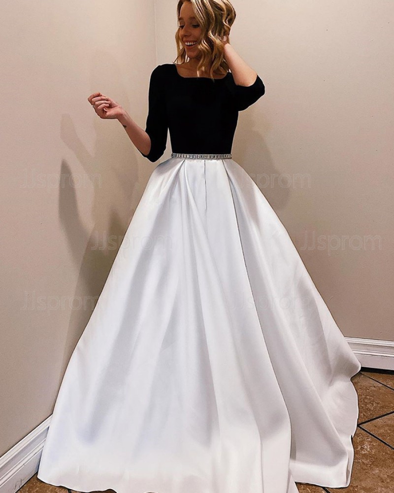 White & Black Satin Scoop Neckline Prom Dress with 3/4 Length Sleeves PM1945