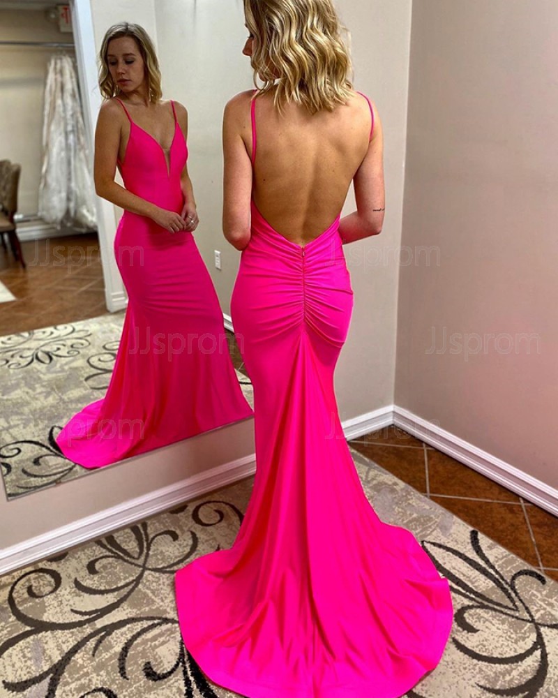 Spaghetti Straps Satin Mermaid Simple Prom Dress with Open Back PM1946