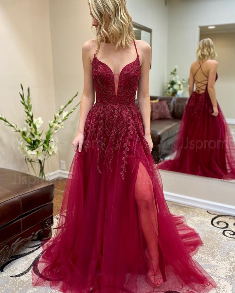 Burgundy Beading Tulle Spaghetti Straps Prom Dress with Side Slit PM1948