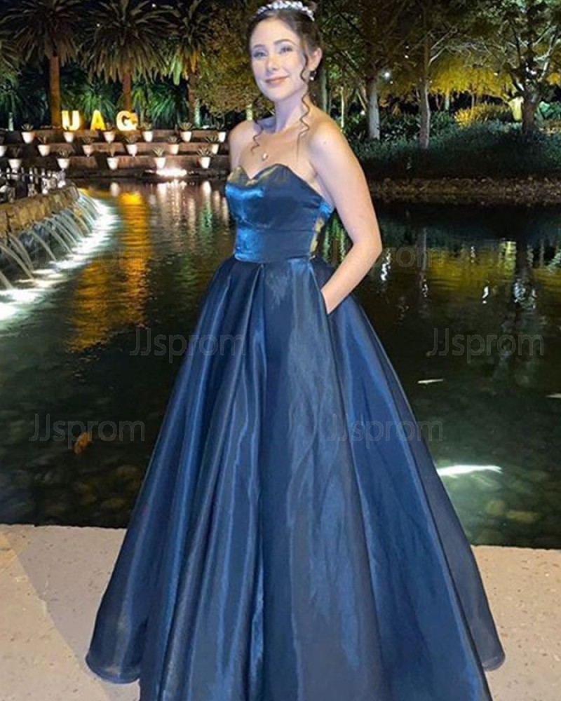 Sweetheart Navy Blue Satin Simple Prom Dress with Pockets PM1954
