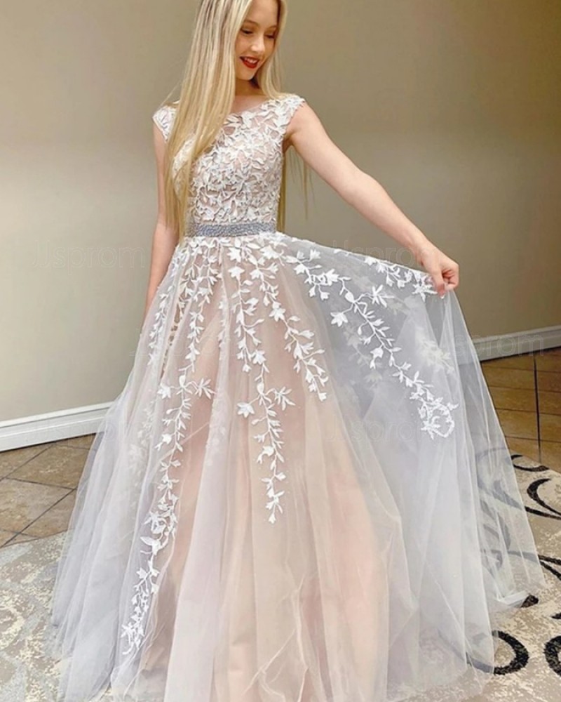 Lace Applique Ivory Jewel Prom Dress with Beading Belt PM1955