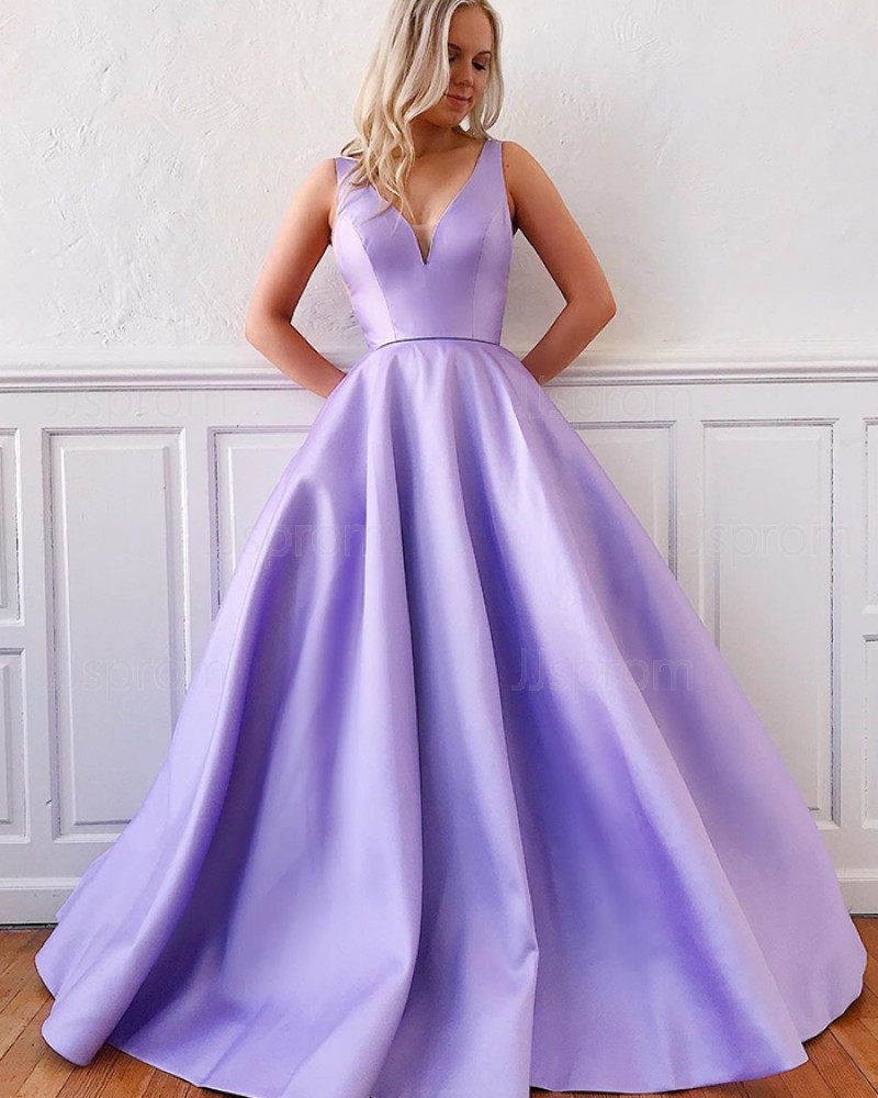 Lavender V-neck Satin Simple Prom Dress with Pockets PM1956
