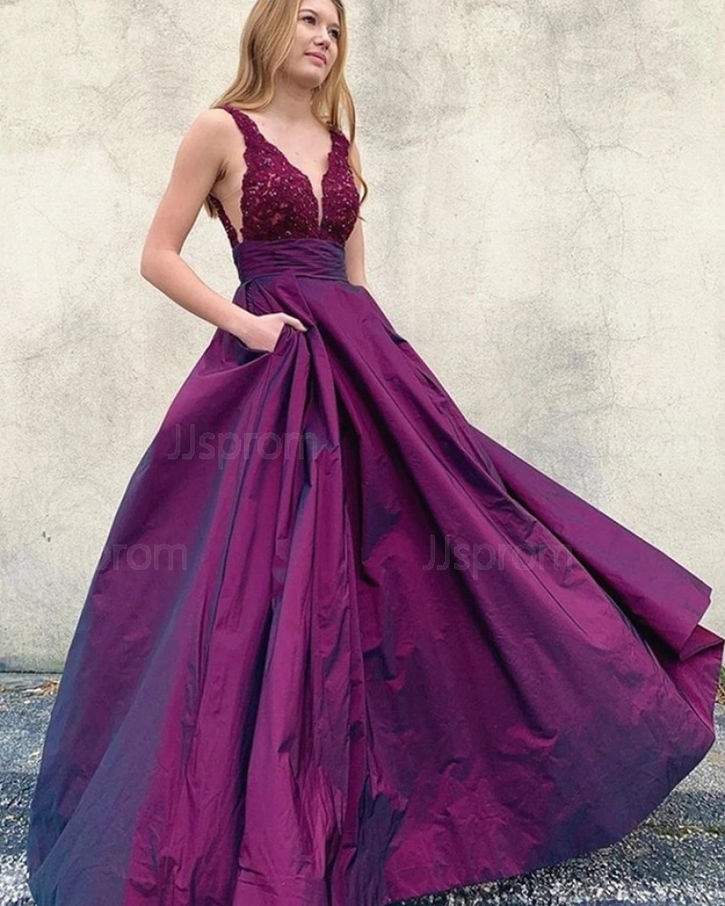 Lace Bodice Purple V-neck Prom Dress with Pockets PM1957