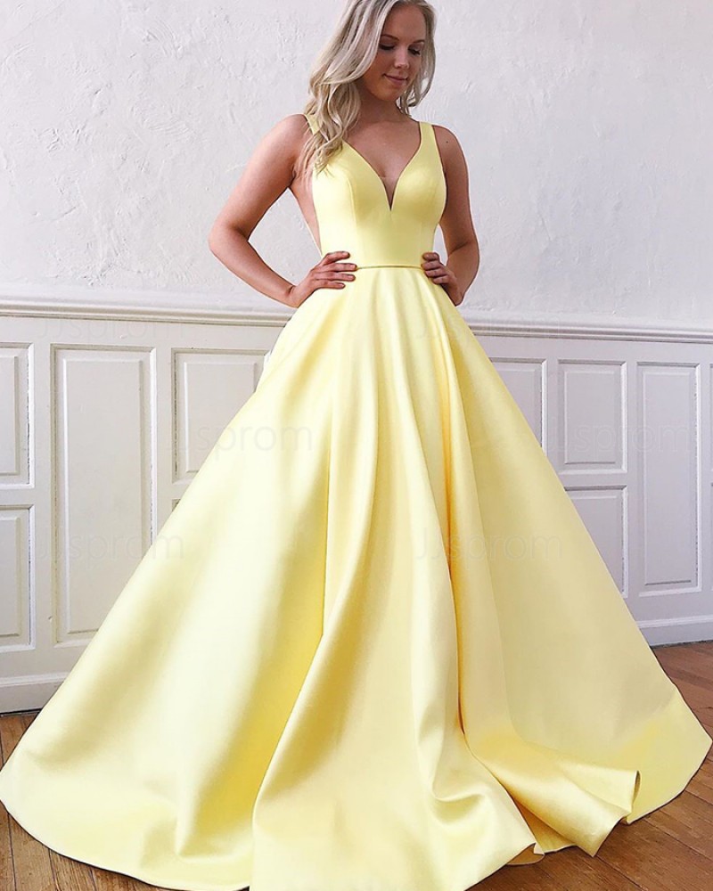 Buy v neck satin yellow simple prom dress with pockets online at JJsprom