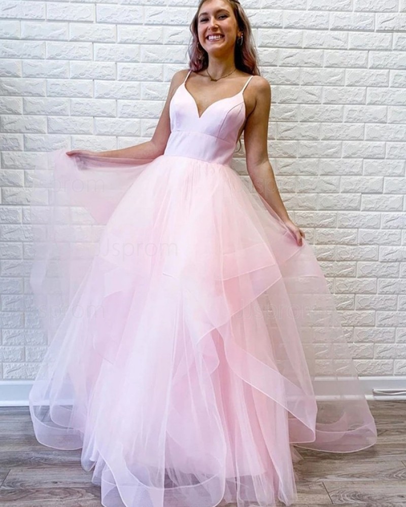 Spaghetti Straps Pearl Pink Ruffled Simple Prom Dress PM1960