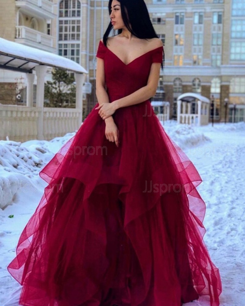 Off the Shoulder Burgundy Ruffled Simple Prom Dress PM1962