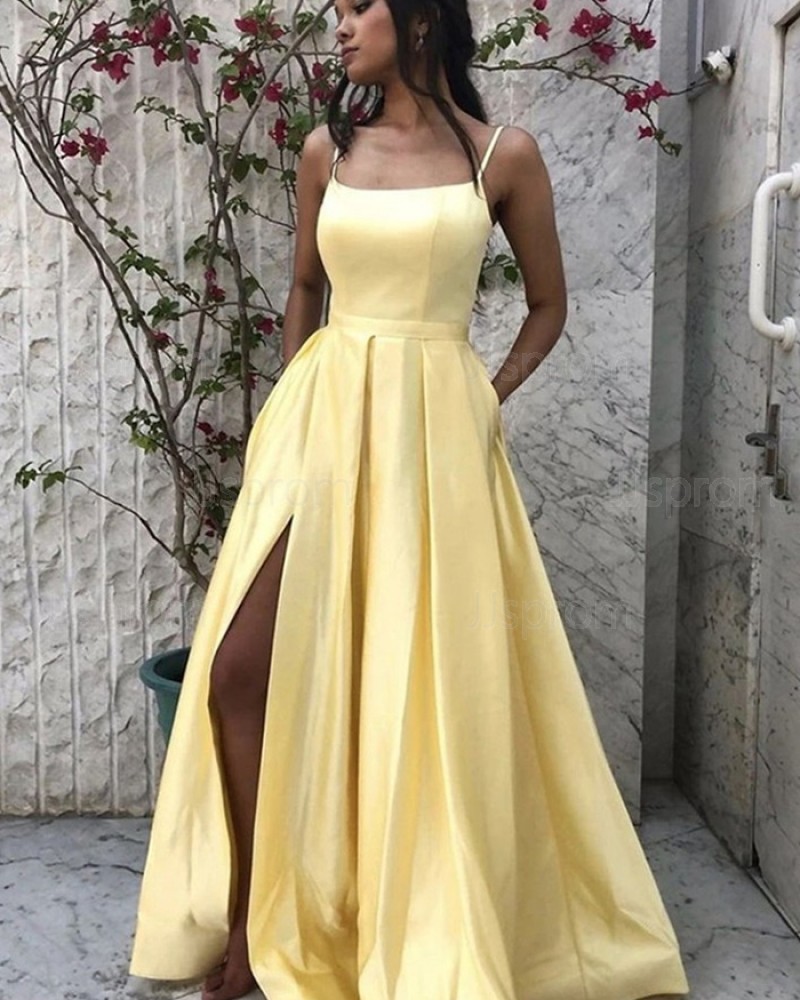 Spaghetti Straps Yellow Satin Slit Simple Prom Dress with Pockets PM1964