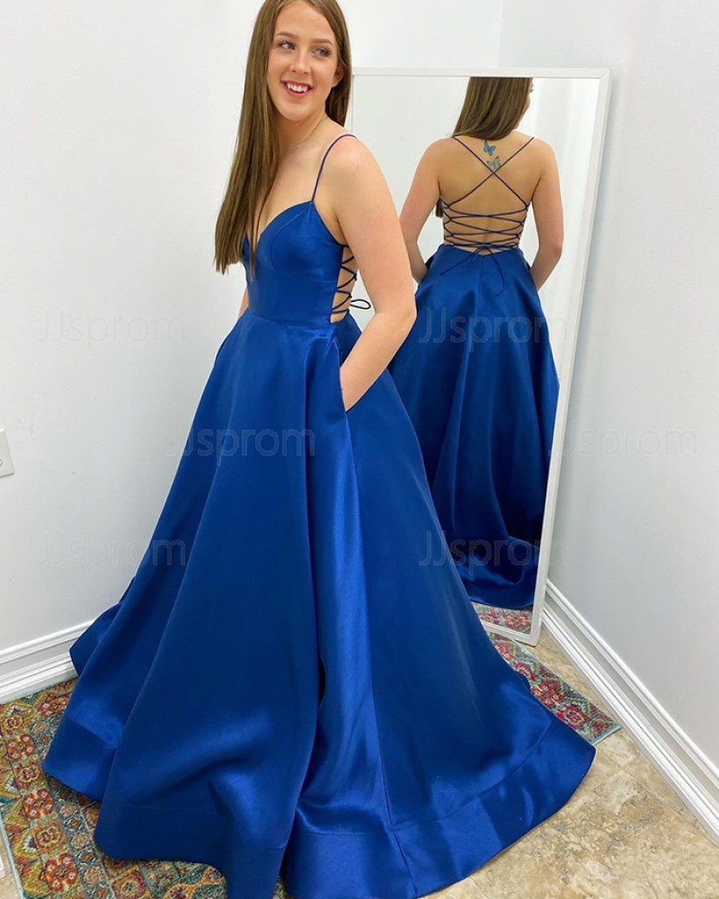 Blue Spaghetti Straps Satin Simple Prom Dress with Pockets PM1965