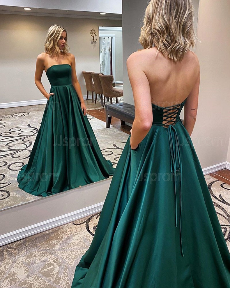 Strapless Satin Green Simple Prom Dress with Pockets PM1967