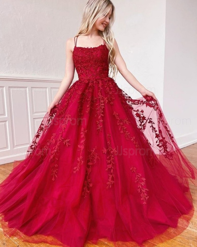 Lace Applique Red Spaghetti Straps Prom Dress PM1968