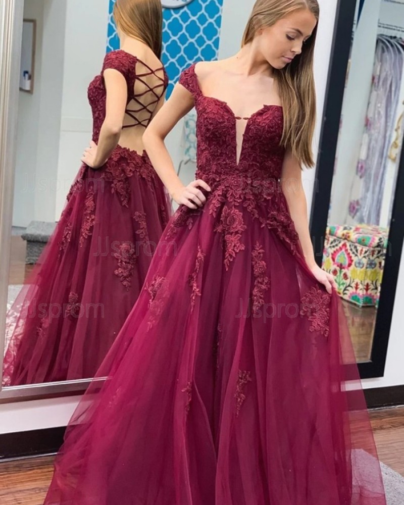 Burgundy Lace Applique Cap Sleeve Tulle Prom Dress PM1971