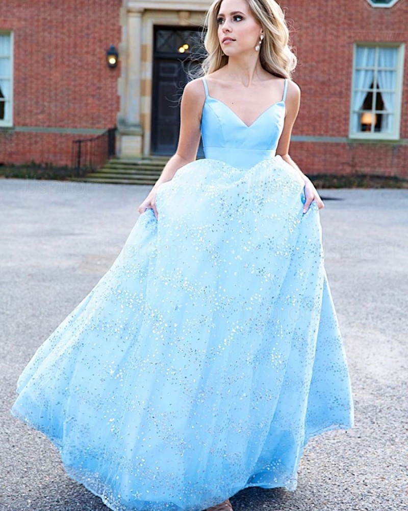 Light Blue Spaghetti Straps Prom Dress with Sequin Skirt PM1972