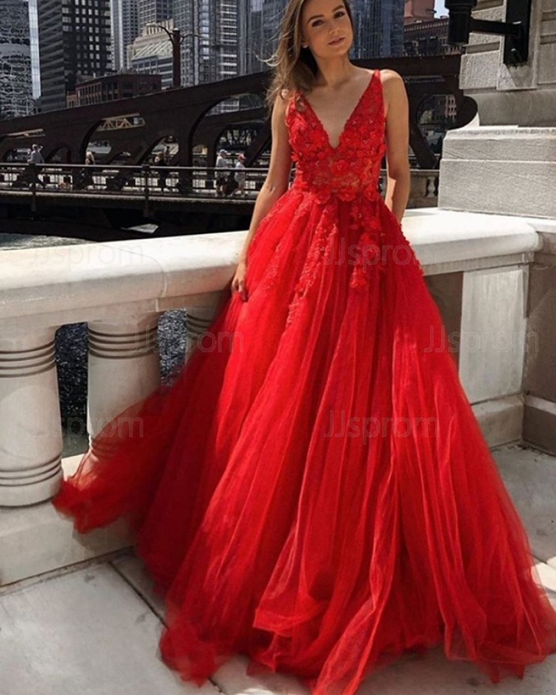 Red Lace Applique Tulle V-neck Prom Dress PM1975