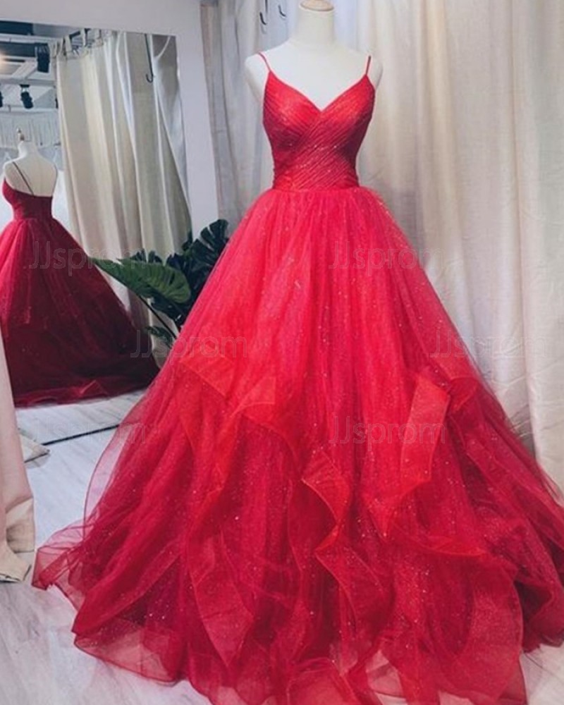 Red Sparkle Sequin Ruffled Spaghetti Straps Prom Gown PM1977