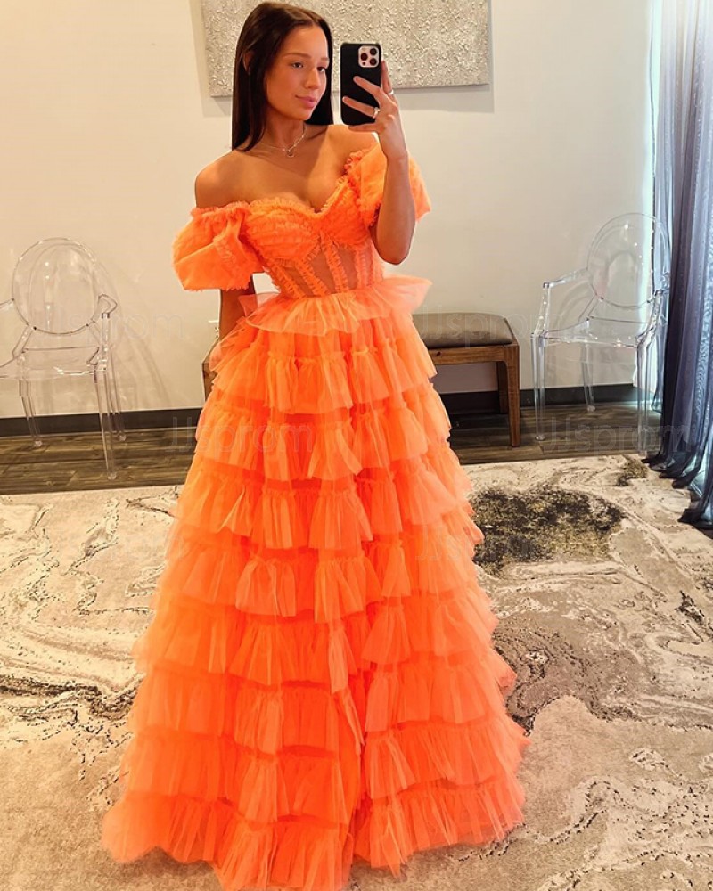Tulle Off the Shoulder Orange Prom Dress with Layered Skirt PM2638