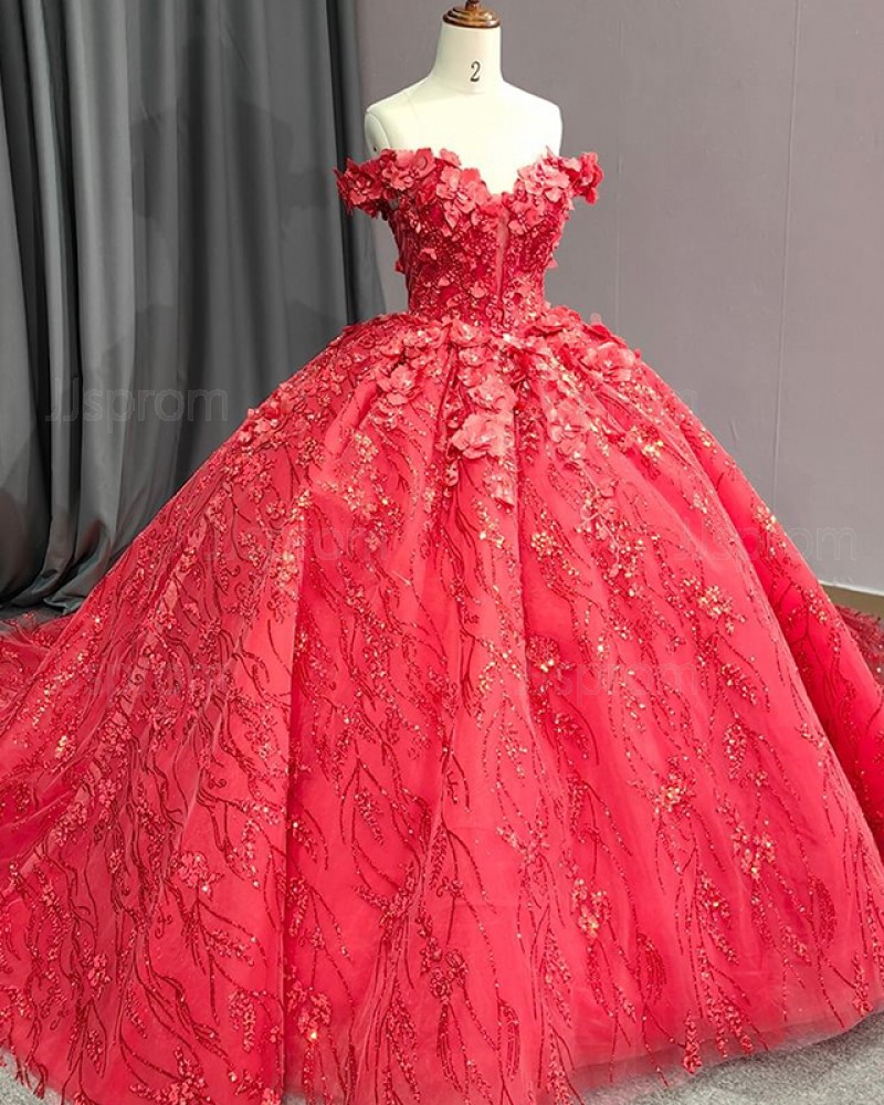 Beading Lace Sequin Ball Gown Off the Shoulder Quinceanera Dress with Handmade Flowers PM2642