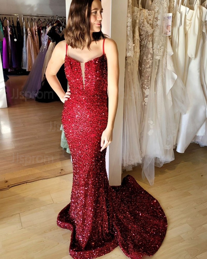 Burgundy Sequin Tight Spaghetti Straps Prom Dress PM2644